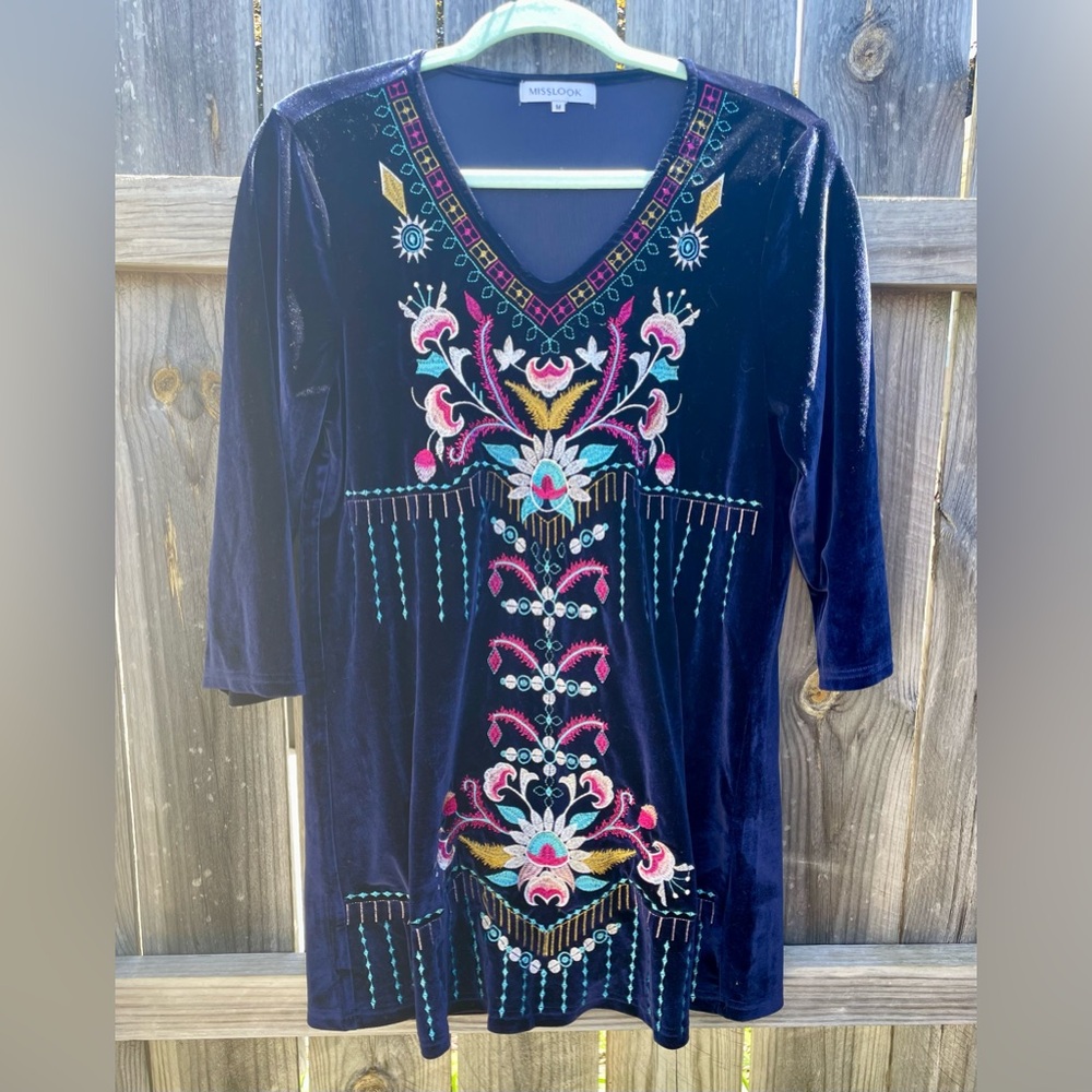 Misslook Deep Blue Velvet with Floral Embroidery Mini Dress Tunic. Size Medium
